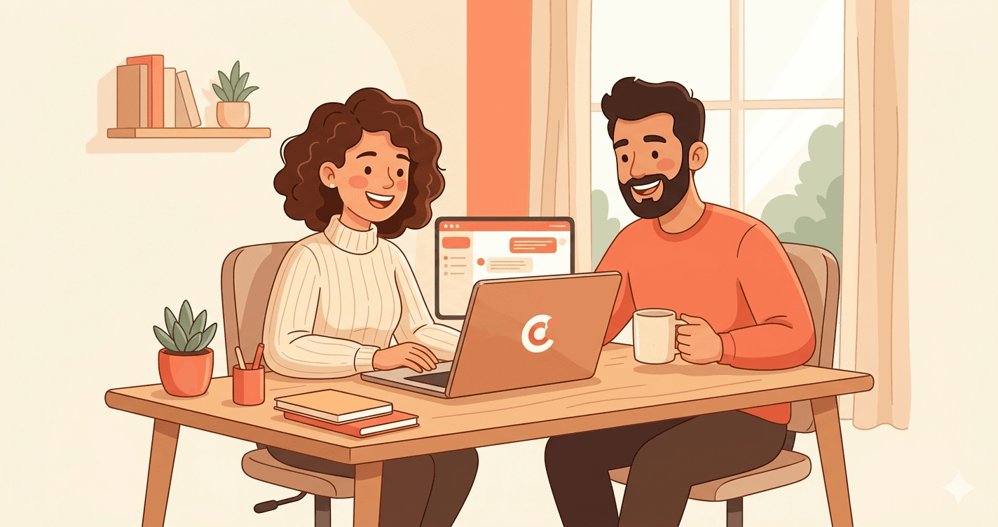 Dos personas aprendiendo a usar Claude en un portátil, ambiente cálido y acogedor